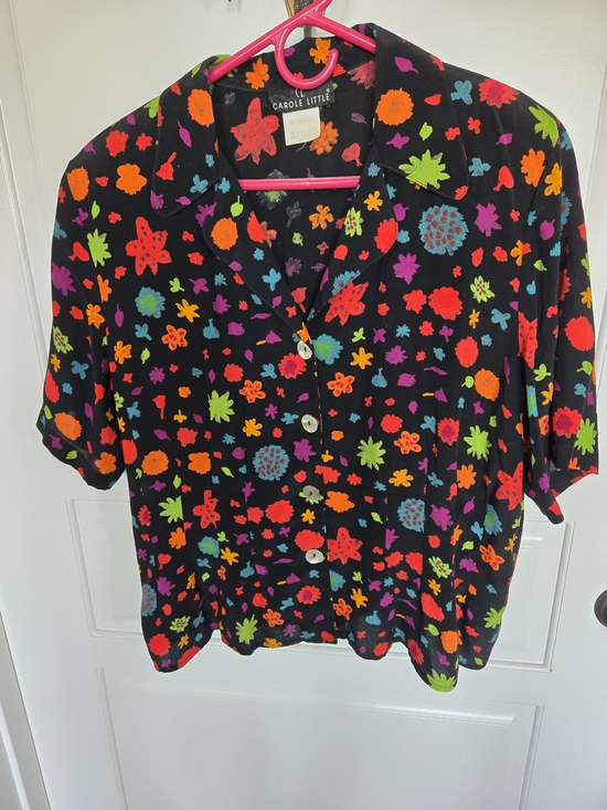 Carole Little Tops - Carole Little Black Short-Sleeve Floral Button-Up Blouse with Neon Accents